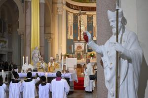 Pope Leo celebrates Holy Mass in the Basilica of St. Augustine in Annaba, Algeria, on April 14, 2026.