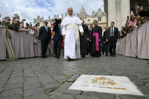 Pope Leo XIV on May 13, 2026, stops at the site in St. Peter’s Square of the assassination attempt against St. Pope John Paul II on May 13, 1981. 