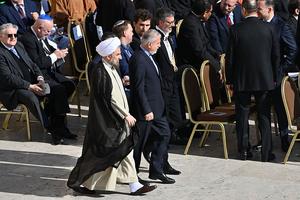 Iranian Ambassador to the Vatican Mohammad Hossein  Mokhtari, left, and Seyed Reza Salehi Amiri, Iran’s culture minister, arrive to attend Mass at the start of Pope Leo XIV’s pontificate in St. Peter’s Square on May 18, 2025. 