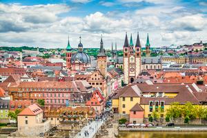 Aerial view of the historic city of Wurzburg with Alte Mainbrucke, region of Franconia, Northern Bavaria, Germany.