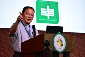 Archbishop Gilbert Garcera of Lipa, president of the Catholic Bishops' Conference of the Philippines, speaks at a formation program at St. Teresa College in Bauan, Philippines, on April 27, 2026. 