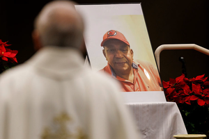 A photo of Luis Beltran Yanez-Cruz, 68, of New Jersey is displayed during his memorial at Our Lady of Soledad Catholic Church on Jan. 16, 2026, in Coachella, California, after he died while in ICE custody. 