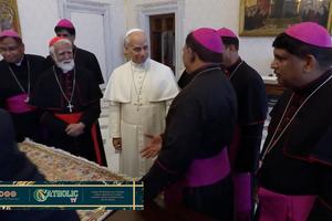 Pope Leo XIV listens as bishops of the Catholic Bishops’ Conference of Pakistan present their report during the “ad limina” audience at the Vatican on May 15, 2026. 