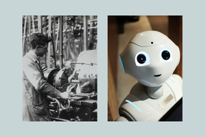 L to R: D. Napier & Son Ltd, ‘Aero Engine in the Making,’ England, circa 1918, to 21st-century robots