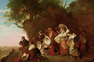 ‘PILGRIMS ARRIVING IN SIGHT OF ROME.’ Above, an 1827 painting by British artist Charles Lock Eastlake depicts a group of Catholic pilgrims heading to Rome falling to their knees in prayer at the first sight of the Eternal City.
