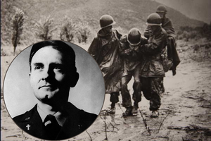Background: A fellow captain and chaplain Father Emil Kapaun, on the right, carry a soldier off the battlefield; Inset: Chaplain Kapaun portrait