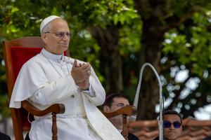 Pope Leo XIV addresses crowds in the Piazza Calipari in Acerra, Italy, May 23, 2026. |