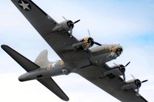 A vintage Boeing B-17 Flying Fortress flies over Dunsfold, England, on Aug. 15, 2016.