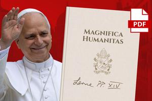 Pope Leo XIV alongside a picture of his new encyclical released May, 25, 2026.