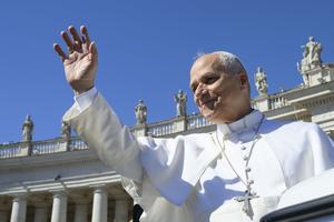 Pope Leo XIV waves in St. Peter’s Square on May 19, 2026.