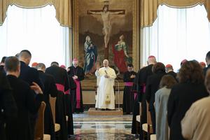 Pope Leo XIV prays with members of the Dicastery for Evangelization’s Section for Fundamental Questions Regarding Evangelization in the World on May 28, 2026, at the Vatican. 