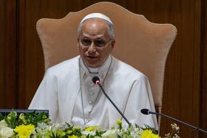 Pope Leo XIV speaks at the presentation of his first encyclical, ‘Magnifica Humanitas,’ on May 25, 2026, at the Vatican.