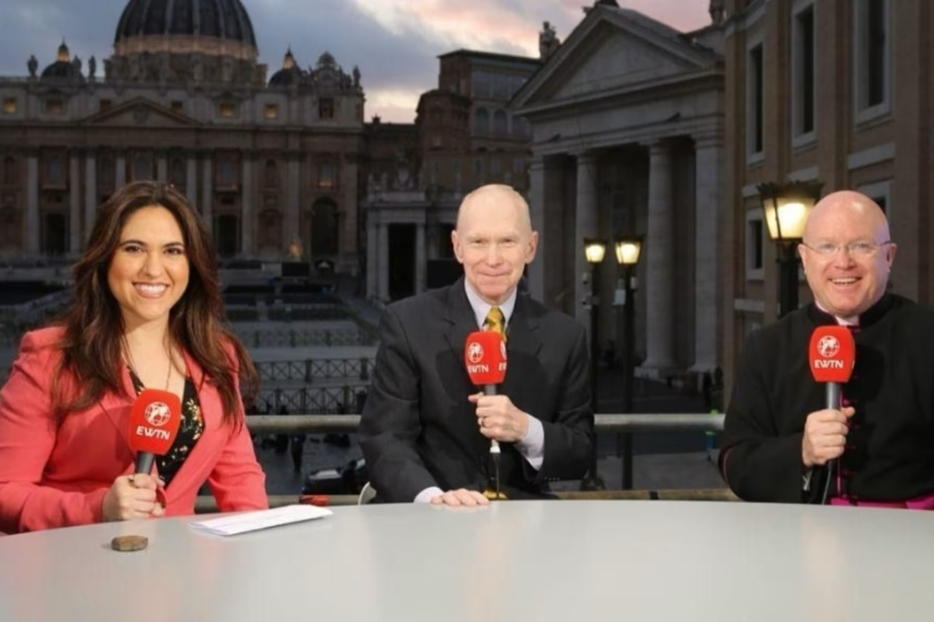 Montserrat Alvarado with Matthew Bunson (center) and Msgr. Roger Landry, at the Vatican on April 24, 2025. 