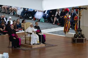 Pope Leo XIV speaks during the general audience in Saint Peter's Square on June 3, 2026.