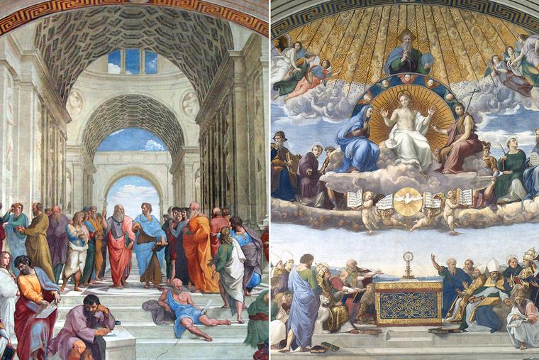 Details of Raphael’s “School of Athens” (left) and “Disputation of the Holy Sacrament,” painted between 1509 and 1510, in the Raphael Stanze at the Vatican.