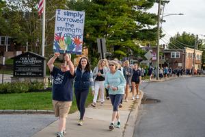 Pilgrims progress on the Servant of God Father Bill Atkinson Pilgrimage in Pennsylvania.