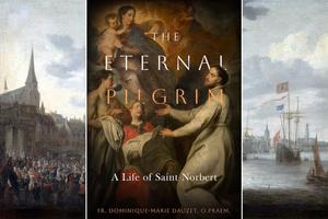 Background: Bonaventura Peeters the Elder (1614-1652), ‘The Reception of St. Norbert in Antwerp.’ Foreground: Cover of ‘The Eternal Pilgrim: A Life of Saint Norbert.’

