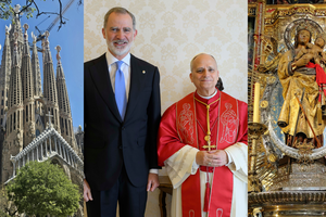From left to right: The Basilica of the Sagrada Familia; King Felipe VI of Spain with Pope Leo XIV; and Our Lady of Almudena. 