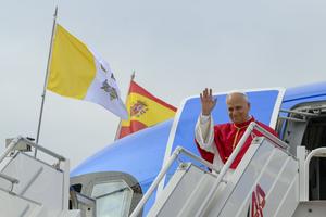 Pope Leo XIV arrives in Spain at Adolfo Suárez Madrid-Barajas Airport on June 6, 2026. The Holy Father met with the Spanish royalty and civic leaders on his first day in the European nation.