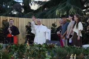 Pope Leo greets young people June  6, 2026, at Plaza  de Lima in Madrid.