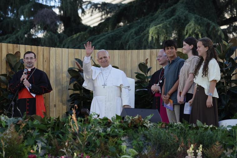 Pope Leo greets young people June  6, 2026, at Plaza  de Lima in Madrid.