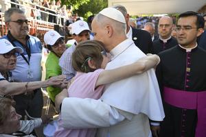 Pope Leo XIV meets staff and beneficiaries, including migrants, of the CEDIA 24 Horas center, part of the Caritas of the Archdiocese of Madrid in Spain on June 6, 2026. 
