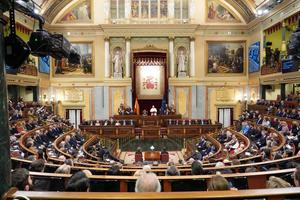 Pope Leo XIV speaks at Palacio de las Cortes in Madrid, Spain, on June 8, 2026, becoming the first pope in history to address the Spanish Parliament.