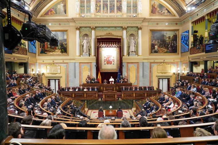 Pope Leo XIV speaks at Palacio de las Cortes in Madrid, Spain, on June 8, 2026, becoming the first pope in history to address the Spanish Parliament.