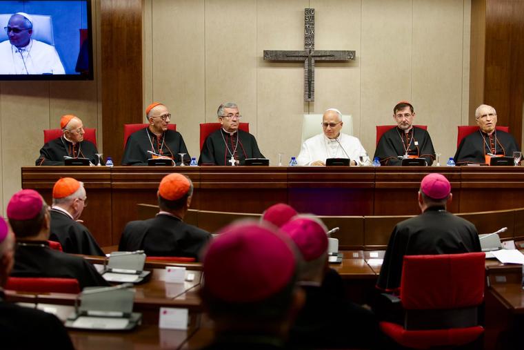 Pope Leo XIV speaks to the Spanish bishops during his visit to Madrid, Spain, on June 8, 2026. 