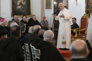 Pope Leo XIV delivers remarks to the Augustinian community at the apostolic nunciature in Madrid, Spain, on June 7, 2026. 