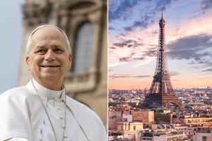 Pope Leo XIV and the Eiffel Tower in Paris, France. 
