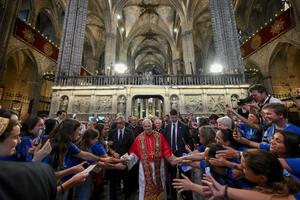 Pope Leo XIV greets Catholics in the Cathedral of the Holy Cross and St. Eulalia in Barcelona, Spain, on June 9, 2026. 