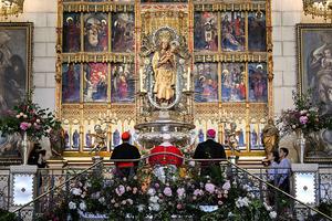 Pope Leo XIV, flanked by the archbishop of Madrid, Cardinal Jose Cobo, presides over prayer and devotion to Our Lady of Almudena at the Cathedral of Holy Mary of Almudena on June 8, 2026, in Madrid, Spain.