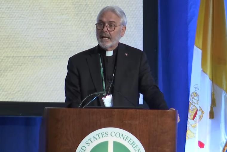 Archbishop Paul Coakley offers his first remarks as president of the U.S. Conference of Catholic Bishops at the spring plenary session in Orlando, Florida, on June 10, 2026. 