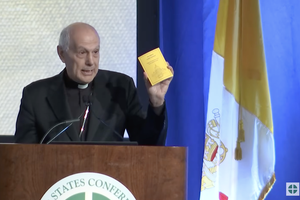 Archbishop Gabriele Caccia addresses the U.S. Conference of Catholic Bishops in Orlando, Florida, on June 10, 2026, and presents a pocket-sized volume containing Lumen Gentium and Dei Verbum, the Second Vatican Council’s dogmatic constitutions.