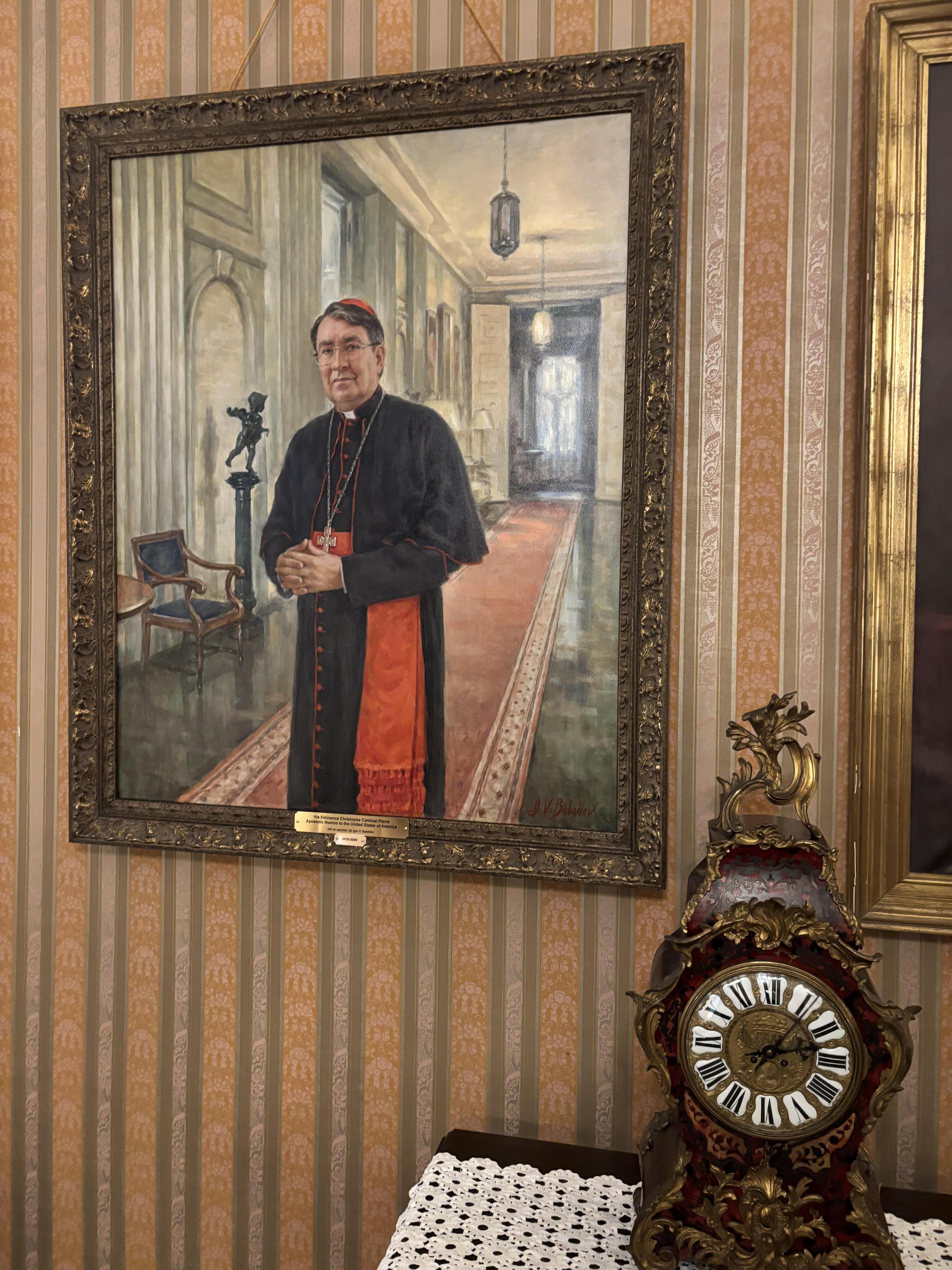 A portrait of Cardinal Christophe Pierre, by American portrait artist Igor V. Babailov, is displayed at the papal nunciature in Washington, D.C.
