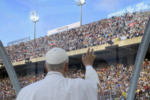 Pope Leo XIV greets Catholics at a prayer vigil at Lluís Companys Olympic Stadium in Barcelona, Spain, June 9, 2026. The Holy Father’s weeklong trip to Spain includes visits to historic Catholic sites and a trip to the Canary Islands. 