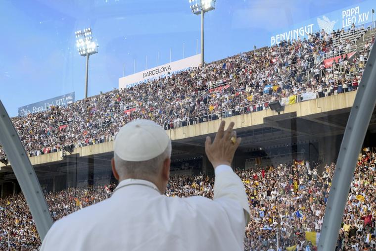 Pope Leo XIV greets Catholics at a prayer vigil at Lluís Companys Olympic Stadium in Barcelona, Spain, June 9, 2026. The Holy Father’s weeklong trip to Spain includes visits to historic Catholic sites and a trip to the Canary Islands. 