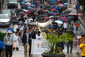 Pilgrims participate in a Eucharistic procession through downtown Baltimore during the National Eucharistic Pilgrimage in Baltimore, Maryland, June 10, 2026. 