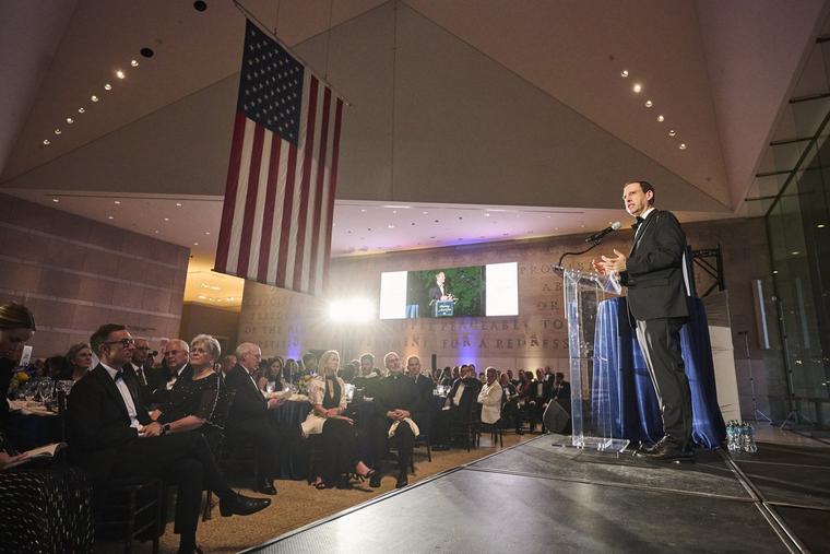 The National Constitution Center in Philadelphia was the setting for the 2026 Canterbury Medal Gala, an annual event celebrating religious liberty and recognizing those who defend it. Becket Fund President Mark Rienzi addresses the gathering on June 11, 2026. 