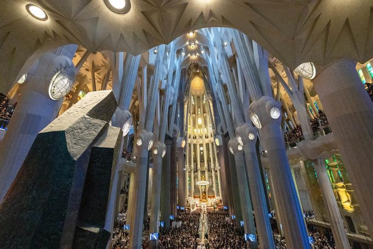 Interior shot of the Mass in the Basilica of the Sagrada Familia. 