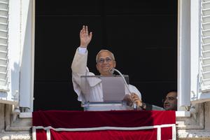 Pope Leo XIV greets pilgrims gathered in St. Peter's Square at the Vatican for the recitation of the Angelus on June 14, 2026. | Credit: Vatican Media