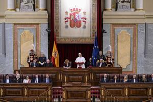 Pope Leo XIV speaks at Palacio de las Cortes in Madrid, Spain, on June 8, 2026, becoming the first Pope in history to address the Spanish Parliament. 