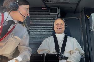 HIGH IN THE SKIES: Pope Leo was all smiles while visiting the cockpit during his short flight from Madrid to Barcelona aboard Iberia Airlines on June 9, 2026. 