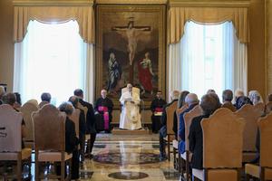 Pope Leo XIV meets a delegation of the Hebrew University of Jerusalem in the Consistory Hall of the Apostolic Palace at the Vatican on June 18, 2026. 