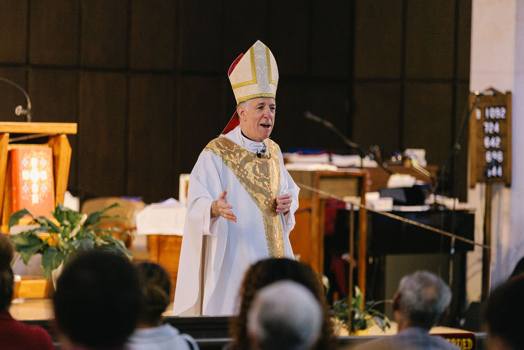 Archbishop James Checchio speaks to the faithful during the Consecration to the Sacred Heart of Jesus at St. Louis Cathedral on June 14, 2026. 