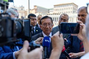 President José María Balcázar of Perú speaks with journalists outside of St. Peter’s Square in Rome following a private meeting with Pope Leo XIV on June 18, 2026. 