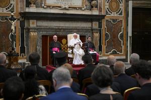 Pope Leo XIV addresses members of the Reunion of Aid Agencies for the Oriental Churches at the Apostolic Palace in the Vatican on June 18, 2026. 