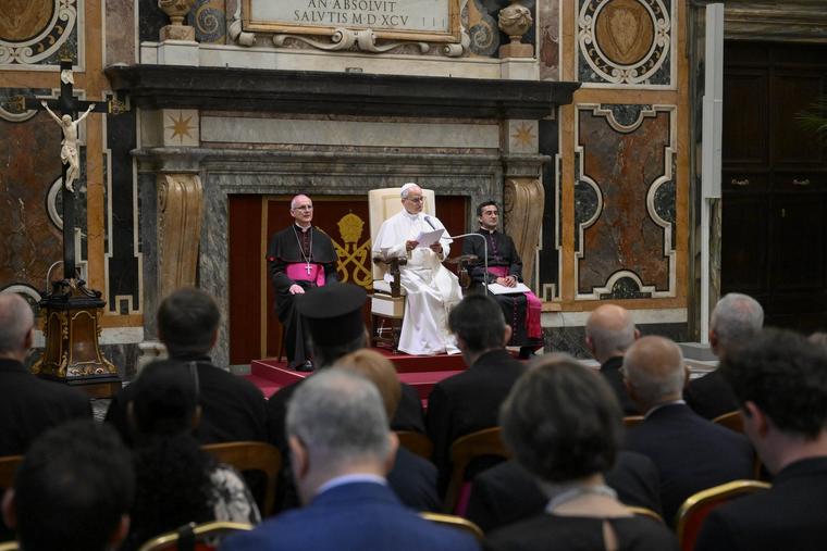 Pope Leo XIV addresses members of the Reunion of Aid Agencies for the Oriental Churches at the Apostolic Palace in the Vatican on June 18, 2026. 