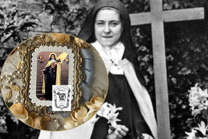 Inset: After acquiring an original card, Lisa Pellegrini carefully restores tears, fading and discoloration while preserving the character of the original engraving, such as this one inspired by St. Thérèse.